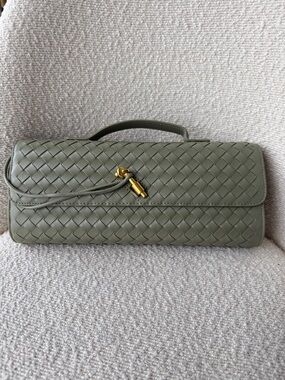 Woven Leather Top-Handle Clutch in Olive Green